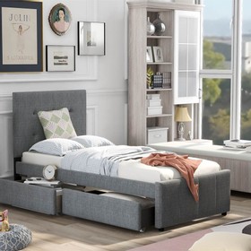 Twin-Size Linen Upholstered Platform Bed Frame with 2 Drawers Gray