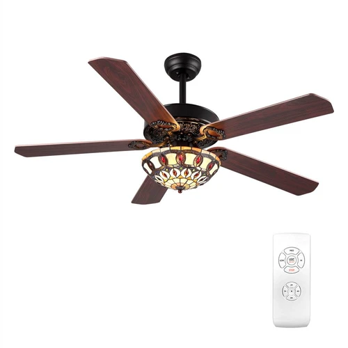 52 Metal Ceiling Fan Lamp With 5 Wood Blades Black - Tiffany Glass Shades For Ceiling Fans