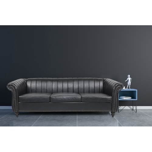 84 3 Seat Pu Leather Sofa With, Black Leather Sofa With Grey Cushions