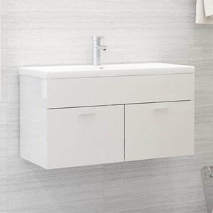 Sink Cabinet with Builtin Basin High Gloss White Chipboard