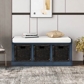 TREXM 43.7" Rustic Style Wooden Storage Bench Navy 