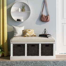 TREXM 43.7" Rustic Style Wooden Storage Bench White 