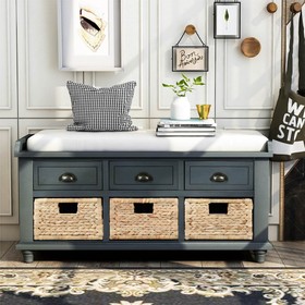 TREXM 42.1" Rustic Style Storage Bench with 3 Drawers Antique Navy