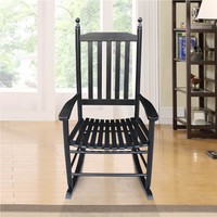 Wooden Rocking Chair with Armrests and Slats Support Black