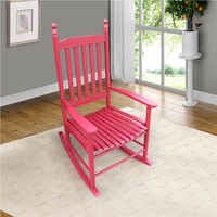 Wooden Rocking Chair with Armrests and Slats Support Red