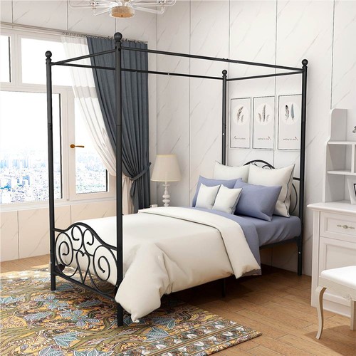 Twin-Size Metal Canopy Bed Frame with 4 Pillars Black