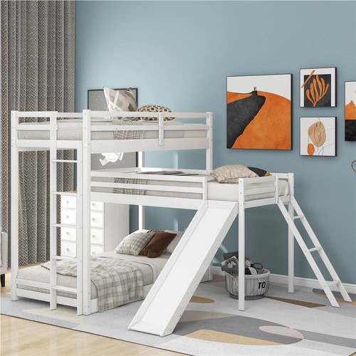 L Shaped Bunk Bed Frame With Loft, Triple Bunk Bed With Desk Metal Legs