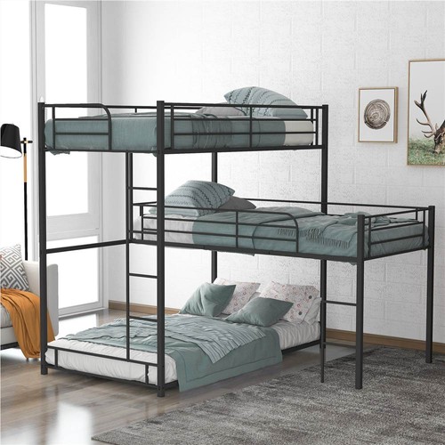 Twin Size L Shaped Triple Bed Frame, L Shaped Triple Bunk Bed With Desktop