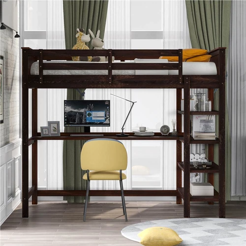 Twin Size Loft Bed Frame With Desk, Espresso Twin Size Loft Bed