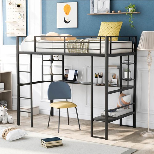 Twin-Size Loft Bed Frame With Ladder Desk Storage Shelves Black