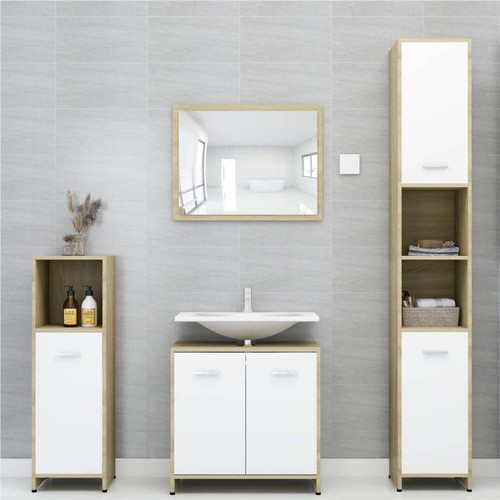 3-teiliges Badezimmermöbel-Set Weiß und Sonoma Eiche-Spanplatte