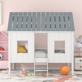 Twin-Size House-shaped Loft Bed Frame with Roof White 