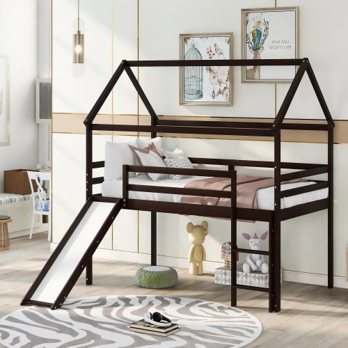 Loft Bed Frame With Ladder Slide Espresso, Espresso Twin Size Loft Bed