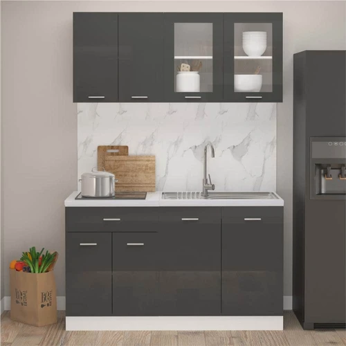 Free Standing Grey Gloss Kitchen Cabinets Cupboards Set 7 Units