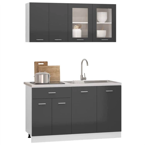 Free Standing Grey Gloss Kitchen Cabinets Cupboards Set 7 Units 240cm  2400mm