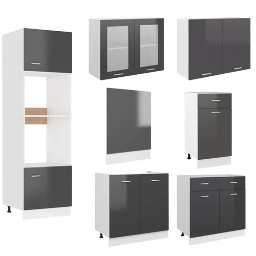 7 Piece Kitchen Cabinet Set High Gloss Black Chipboard