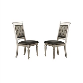 Leather Upholstered Dining Chair Set of 2, with Tufted Backrest Silver