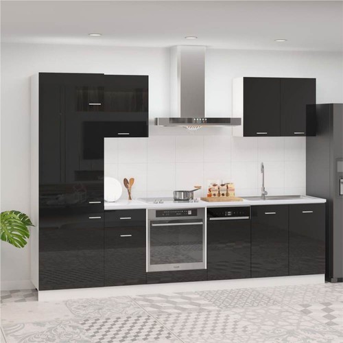 7 Piece Kitchen Cabinet Set High Gloss Black Chipboard
