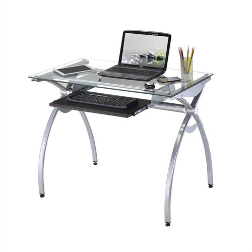 Techni Mobili L-Shaped Tempered Glass Corner Desk With Keyboard Tray - Clear Glass & Steel Frame