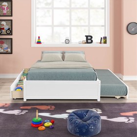 Full Size Platform Bed Frame with Twin Size Trundle White