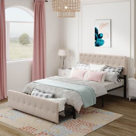 Full Size Upholstered Platform Bed Frame with Storage Drawer Beige 