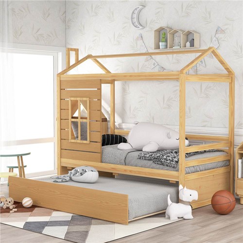 House Shaped Platform Bed Frame, White Twin Size House Bed With Trundle