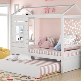 Twin Size House-shaped Platform Bed Frame with Trundle White 	