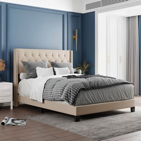 Queen Size Linen Fabric Upholstered Platform Bed Frame Beige 