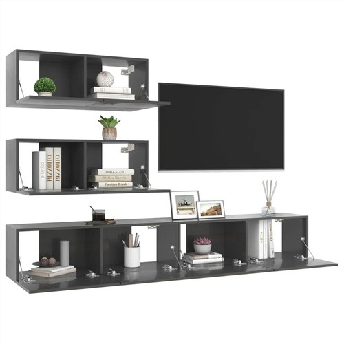 4-teiliges TV-Schrank-Set aus grauer Hochglanz-Spanplatte