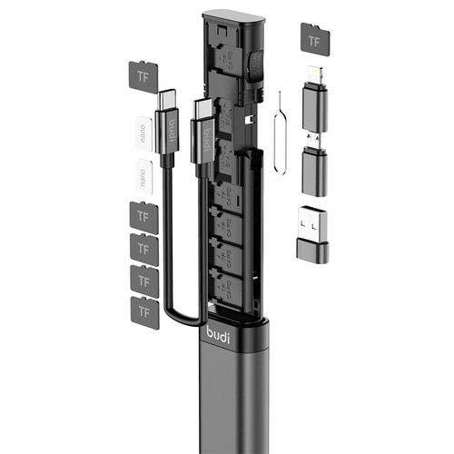 BUDI Multi-function Cable Stick 6 typer Kabel SIM KIT TF-kort Minnesläsare Telefonvagga - Svart