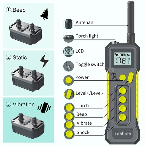 T10 Elektrisches Hundetrainingsgerät, Halsband, kabellose Fernbedienung, LCD-Display, wasserdicht, wiederaufladbar über USB, mit Taschenlampe – Schwarz