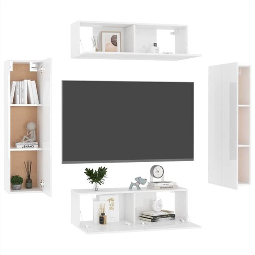4-teiliges TV-Schrank-Set aus hochglänzender weißer Spanplatte