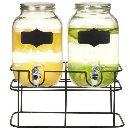 Set Of 2 Glass Drink Dispenser With Stand 4l Glass Jar Beverage