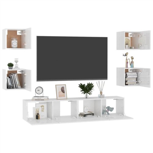 6-teiliges TV-Schrank-Set aus hochglänzender weißer Spanplatte