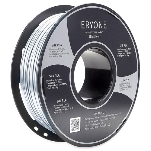 ERYONE Silk PLA Filament für 3D-Drucker, 1,75 mm, Toleranz 0,03 mm, 1 kg (2,2 Pfund)/Spule, Silber