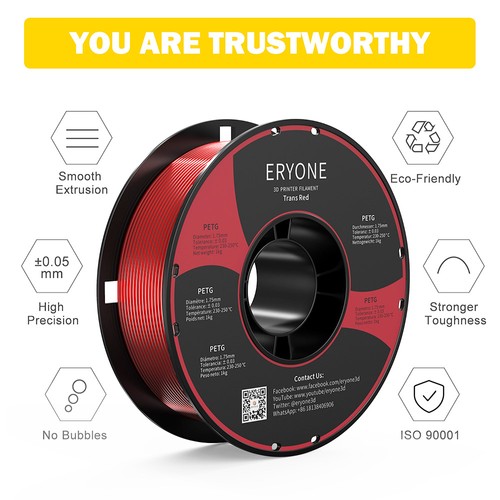 ERYONE PETG-Filament für 3D-Drucker, 1,75 mm Toleranz, 0,03 mm, 1 kg (2,2 LBS)/Spule – transparent rot