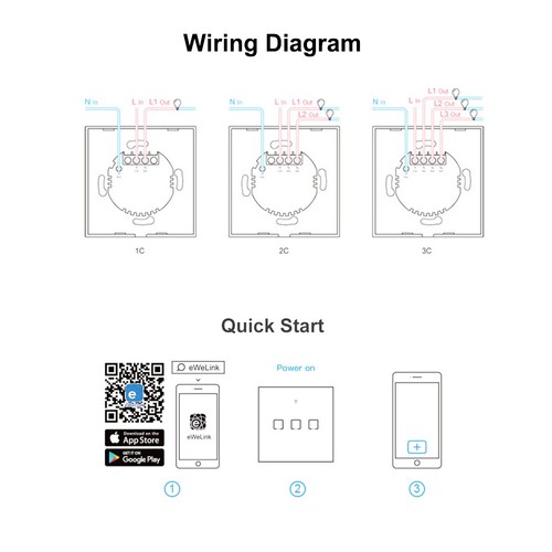 SONOFF T0EU3C-TX 3 Gang Smart WiFi Vägglampa Switch 433Mhz RF Fjärrkontroll APP/Touch Control Timer