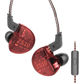 Kabelová sluchátka KZ ZS10 4BA+1DD hybridní technologie s červeným mikrofonem