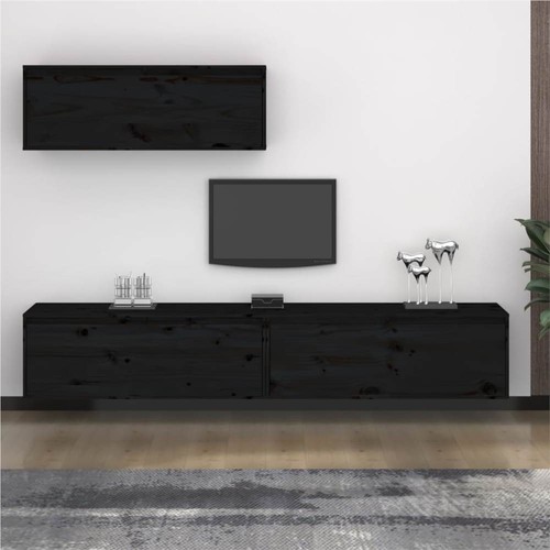 TV Cabinets 3 pcs Black Solid Wood Pine