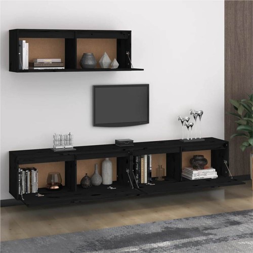 TV Cabinets 3 pcs Black Solid Wood Pine