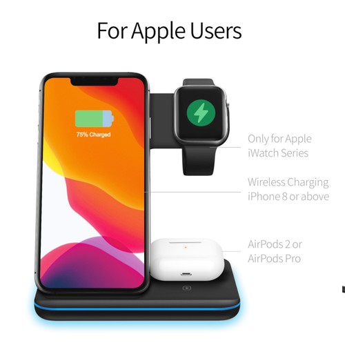 Multifunktionell 15W 3-i-1 magnetisk trådlös laddare för iPhone / iWatch / hörlurar, snabbladdningsbasfäste - svart