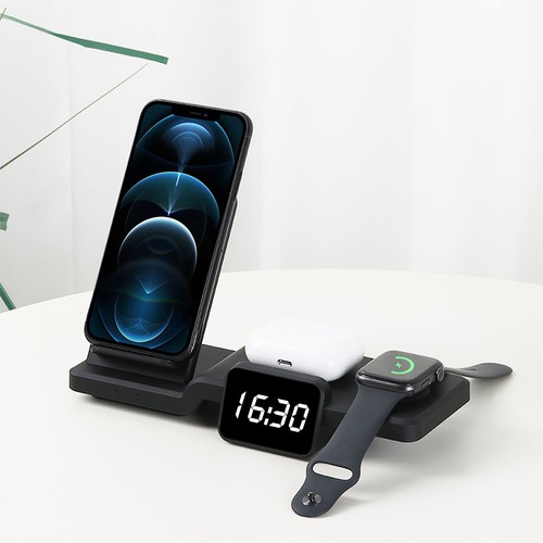 C100 Multifunktionales 3-in-1-15-W-Wireless-Ladegerät mit Uhr, Fast Charge Cradle-Ladestation, Desktop Wireless Charging