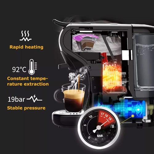 HiBREW H1A 1450W espressomaskin, 19 bars extraktion, varm/kall 4-i-1 kaffebryggare med flera kapslar - svart