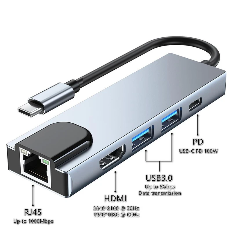 Type-C USB C Hub USB C 3.1 to 4K HDMI 1000M RJ45 PD 100W Charge OTG