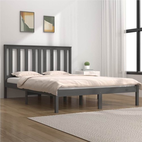 Bed Frame Grey Solid Wood Pine 135x190 Cm 4ft6 Double