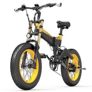 LANKELEISI X3000 Plus Folding Electric Mountain Bike Big Fork 20*4.0 Inch Fat Tires 48V 1000W Motor 17.5Ah Battery 43Km/h Max Speed Shimano 7-Speed Gear IP54 Waterproof – Black & Yellow