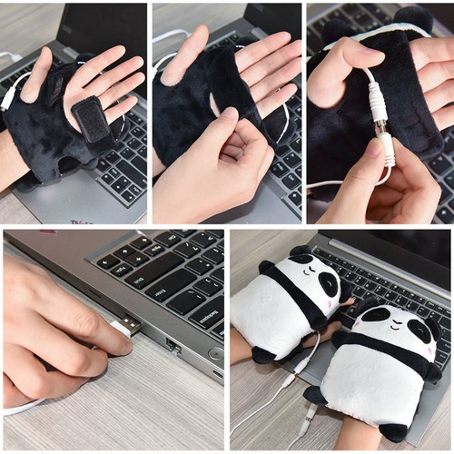 Beheizbare Halbfinger-Handschuhe mit Panda-Muster, Winter-Plüsch-Handwärmer, USB-Aufladung, 1 Paar