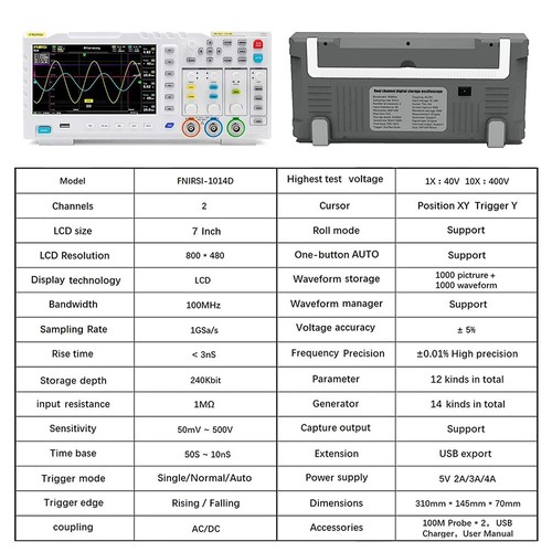 FNIRSI 1014D Oszilloskop, 2-in-1-Digitaloszilloskop, DDS-Signalgenerator, 2 Kanäle, 100 MHz Bandbreite, 1 GSa/s-Abtastung