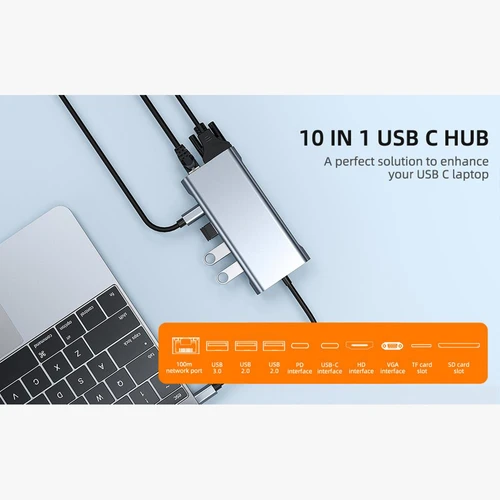 Type-C Hub 10 in 1 USB C to 4K HDMI RJ45 PD 100W Charge USB3.0 SD/TF