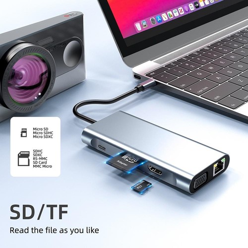 Type-C Hub 10 in 1 USB C zu 4K HDMI+RJ45+PD 100W Charge+USB3.0+VGA+SD/TF Kartenleser Dock für MacBook Windows Laptop